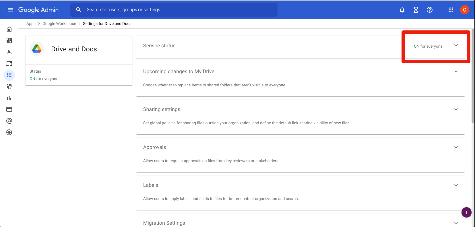 Drive and Docs settings page showing Drive is turned on for the organization
